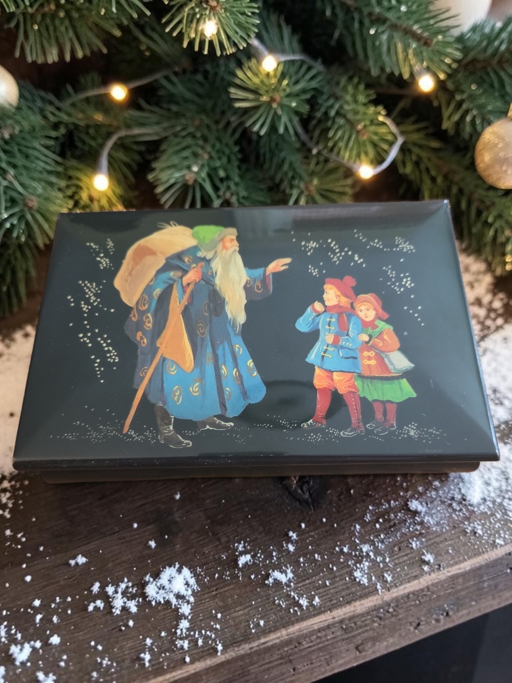 VTG C. Alexandra Intl "Silver Bells" Russian Folk Art Holiday Music Box 5" x 8"